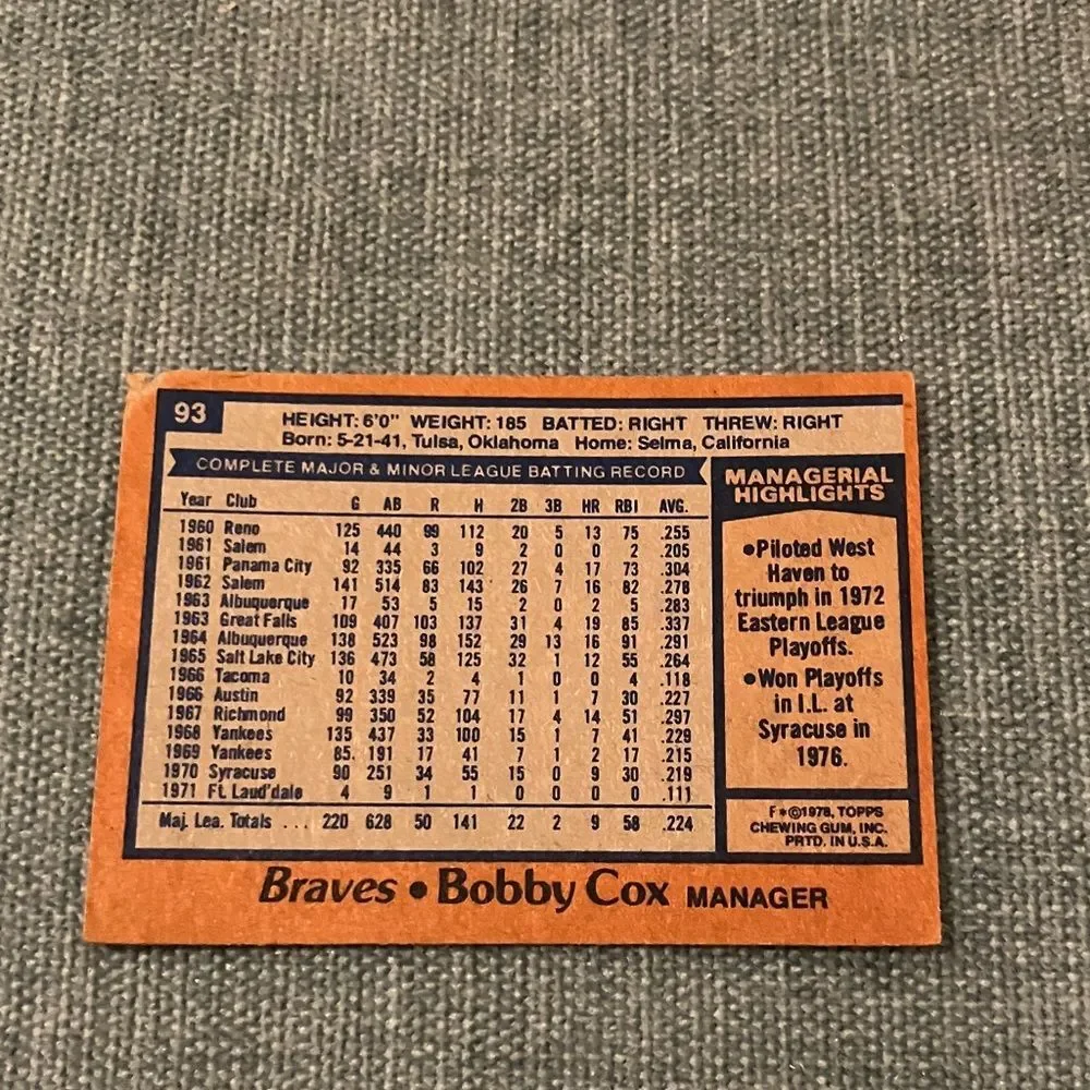 1978 Topps Atlanta Braves Baseball Card Trading Card